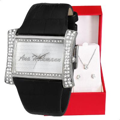 Kit Relógio Feminino Champion Ana Hickmann Analógico Quadrado Couro AH28295Q Cristais Colar e Brincos