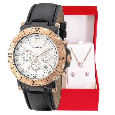 Relógio Feminino Champion Ana Hickmann Cronógrafo Couro AH30004B Colar e Brincos