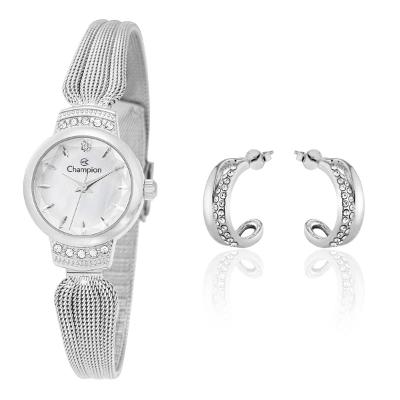 Relógio Feminino Champion Prata Pequeno Luxo CF26053Q + Brincos