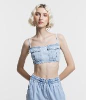 Top em Jeans com Bolsos de Lapela e Alças Finas - 1