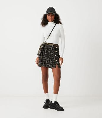 Saia em Tweed Estampada com Botões e Mini Fendinha Frontal
