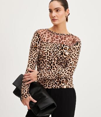 Blusa em Viscolycra com Estampa Animal Print e Pala de Tule