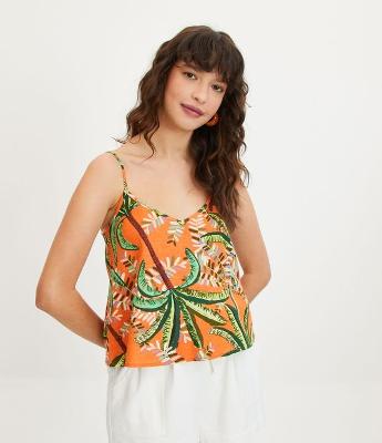 Blusa de Alça em Linho com Estampa de Folhagens Tropicais