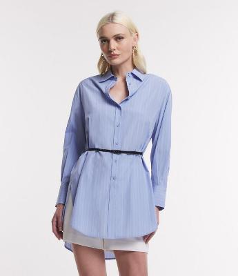 Vestido Chemise Curto Manga Longa em Tricoline Listrado com Fio Tinto