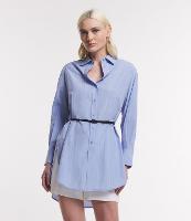 Vestido Chemise Curto Manga Longa em Tricoline Listrado com Fio Tinto - 1