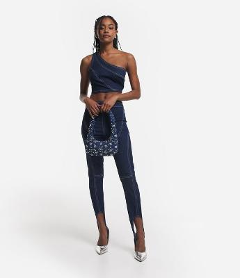 Calça Legging Cintura Alta Jeans com Pespontos Contrastantes e Super Elastizada