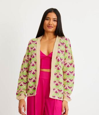 Cardigan em Tricô com Ponto Crochê de Conchas Coloridas