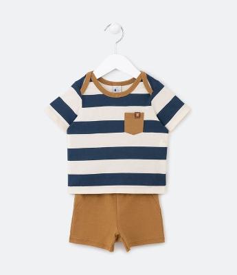 Conjunto Infantil com Estampa Listrada e Bolsinho Contrastante - Tam 0 a 18 meses