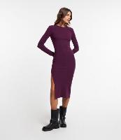 Vestido Midi Básico em Ribana com Manga Longa e Fenda - 1