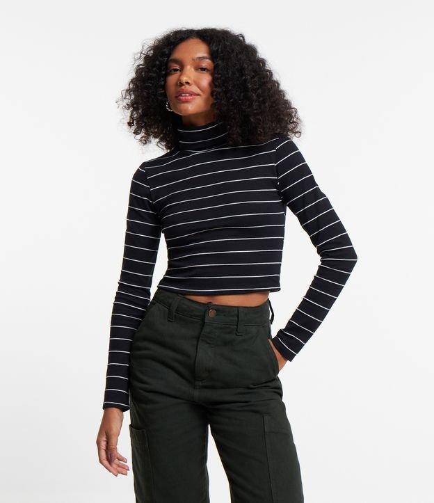 Blusa em Ribana com Gola Alta e Estampa Listrada - 1