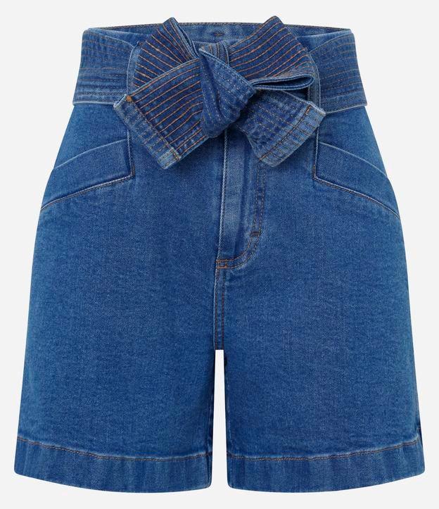 Short Cintura Alta em Jeans com Cinto de Tecido Pespontado - 4