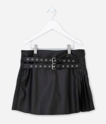 Short Saia Plissado Infantil em PU com Cinto - Tam 5 a 14 Anos