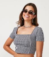 Blusa Cropped Xadrez Vichy com Manga Curta e Decote Quadrado - 1