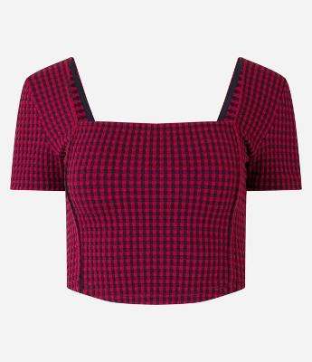 Blusa Cropped Xadrez Vichy com Manga Curta e Decote Quadrado