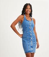 Vestido Curto Frente Única em Jeans com Recortes Verticais - 1