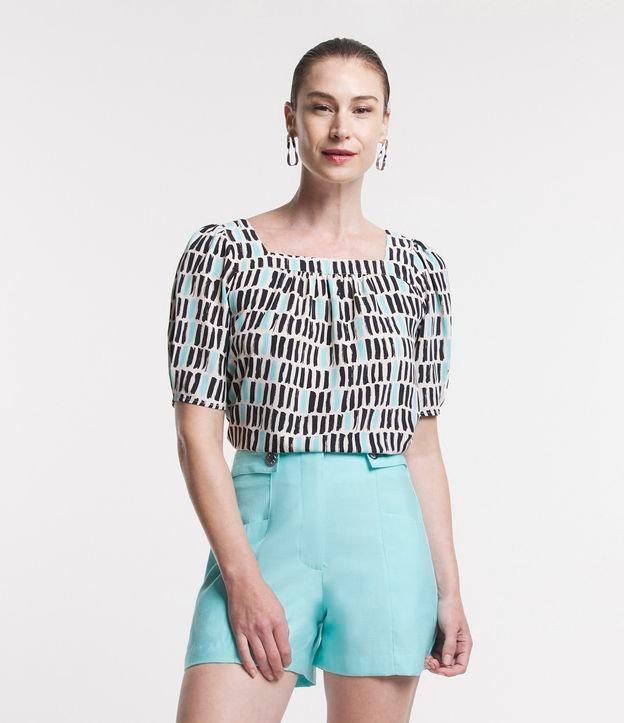 Blusa Manga Bufante em Crepe com Estampa Geométrica Irregular - 1