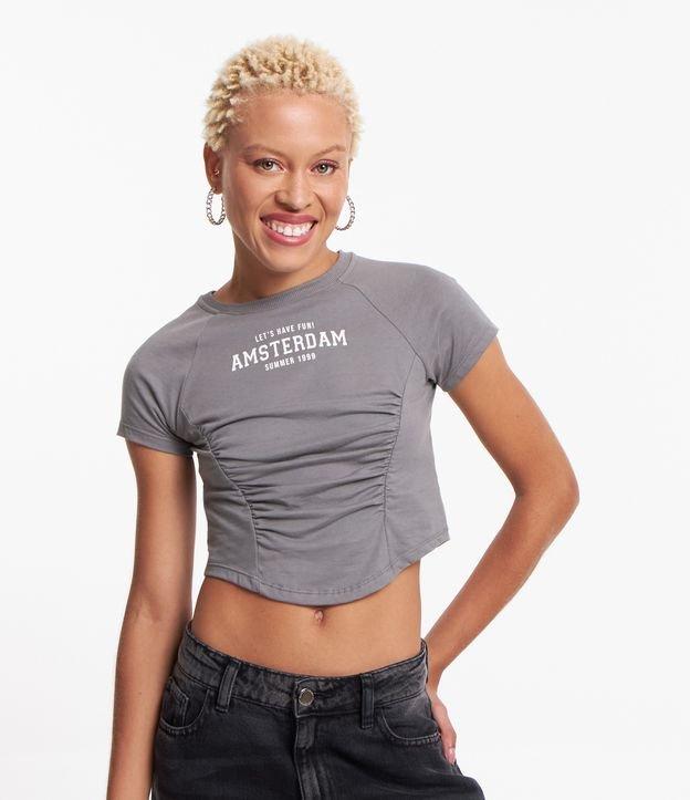 Blusa Cropped em Meia Malha com Lettering e Drapeados Frontais - 1