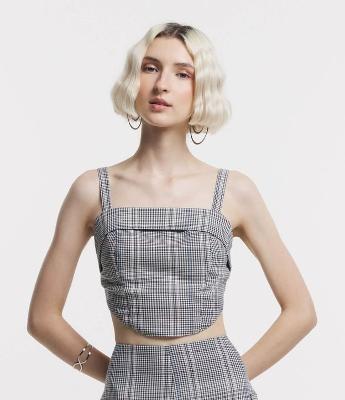 Blusa de Alça Cropped com Estampa Xadrez e Zíper nas Costas