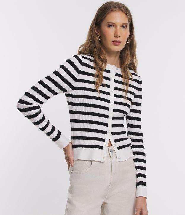 Cardigan em Tricô com Abotoamento e Estampa Listrada - 1