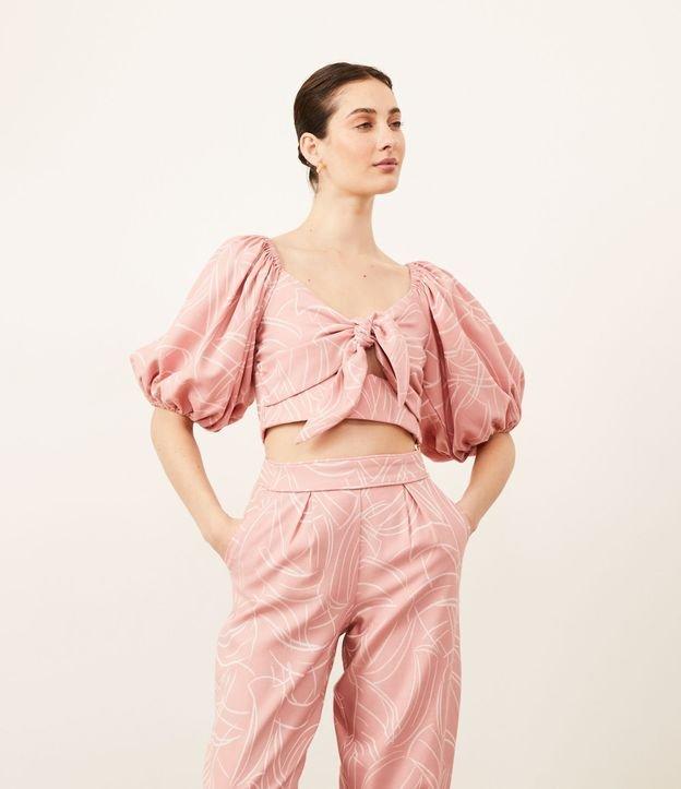 Blusa Cropped em Jacquard com Mangas Bufantes - 1