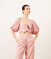 Blusa Cropped em Jacquard com Mangas Bufantes - 1