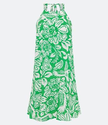 Vestidinho Sem Manga em Viscose com Babado na Barra e Estampa Tropical