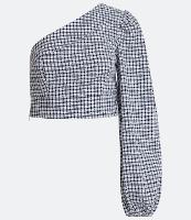 Blusa Cropped em Algodão Xadrez com Decote Ombro Só - 1