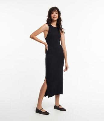 Vestido Regata Midi em Ribana com Fenda Lateral