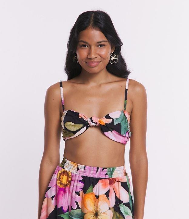 Top de Alça em Tricoline com Torcido e Flores Aquareladas Estampadas - 1