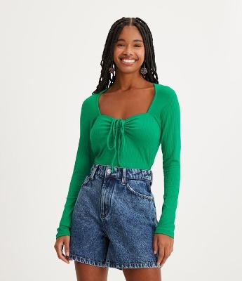 Blusa em Ribana com Manga Longa e Laço no Decote