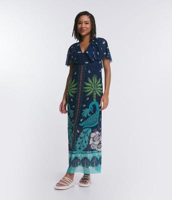 Vestido Midi em Tule com Decote V e Estampa Tropical