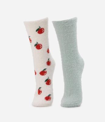 Kit 02 Meias Cano Alto com Pelinhos e Estampa de Cerejas