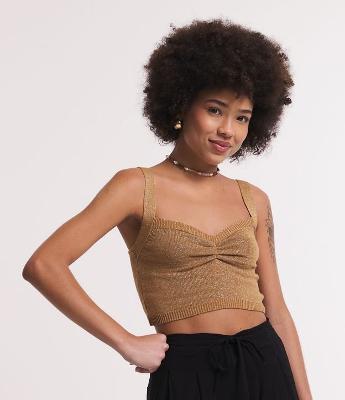 Blusa Cropped em Tricô com Fio Metalizado e Franzido no Busto
