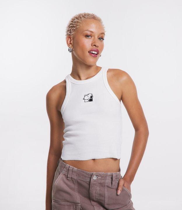 Blusa Regata Cropped em Ribana com Bordado Snoopy - 1
