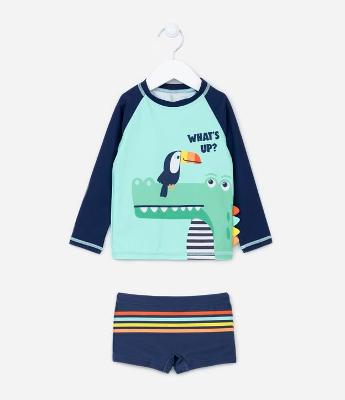 Conjunto de Praia Infantil com Proteção UV e Estampa Animais - Tam 1 a 4 anos