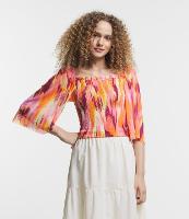 Blusa em Tule com Manga Gode Detalhe Lastex e Estampa Abstrata - 1