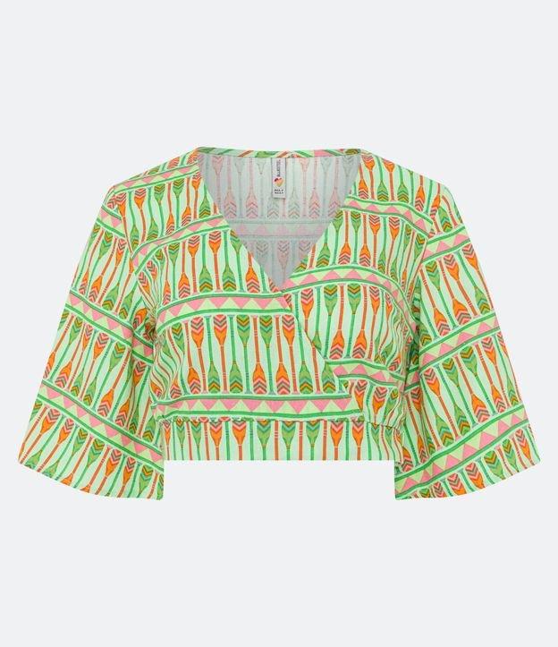 Blusa Cropped em Linho com Decote Transpassado e Manga Morcego 3/4 - 1