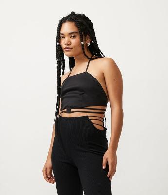 Blusa Regata Cropped em Bengaline com Tiras na Cintura