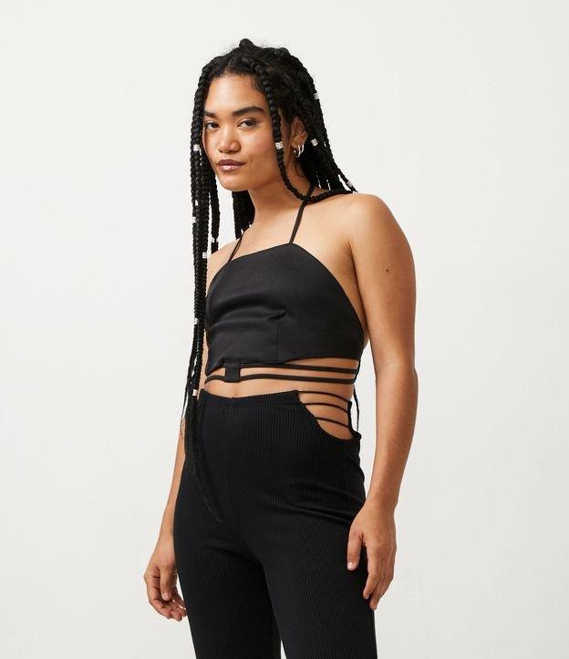 Blusa Regata Cropped em Bengaline com Tiras na Cintura - 1