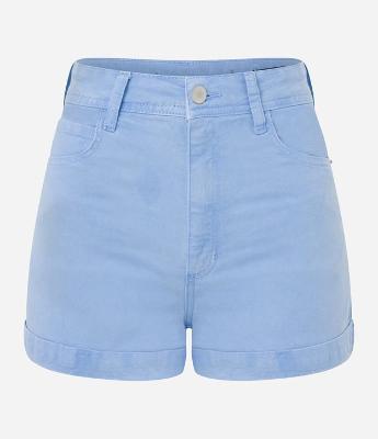 Short em Sarja com Cintura Alta e Barra Dobrada