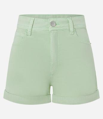 Short em Sarja com Cintura Alta e Barra Dobrada
