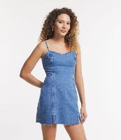 Vestido Curto Jeans Médio  com Decote Coração e Barra a Corte a Fio - 1