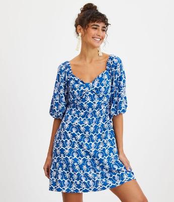 Vestido Curto em Linho com Manga Bufante e Estampa de Coqueiros