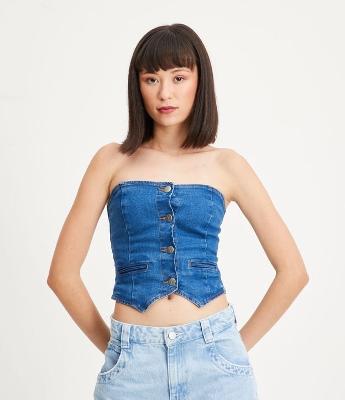 Top Tomara que Caia Jeans com Bolsos e Pontas Assimétricas