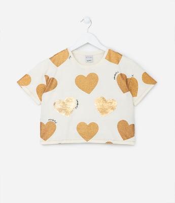 Blusa Cropped com Estampa de Corações com Glitter e Paetê - Tam 5 a 14 Anos