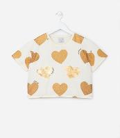 Blusa Cropped com Estampa de Corações com Glitter e Paetê - Tam 5 a 14 Anos - 1