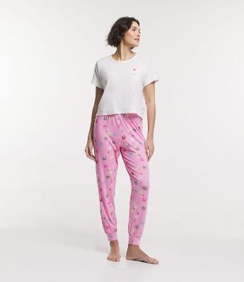 Pijama Longo em Viscolycra com Blusa Manga Curta e Calça Jogger Estampa Caranguejos