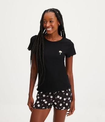 Blusa de Pijama em Ribana com Bordado de Flor