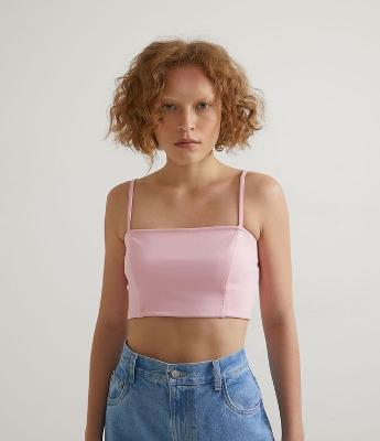 Blusa Cropped de Alça em Ponto Roma com Decote Reto