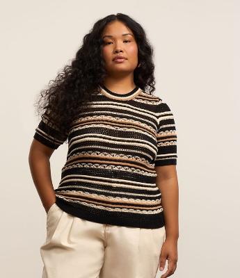 Blusa em Tricô Listrado com Manga Bufante Curve & Plus Size